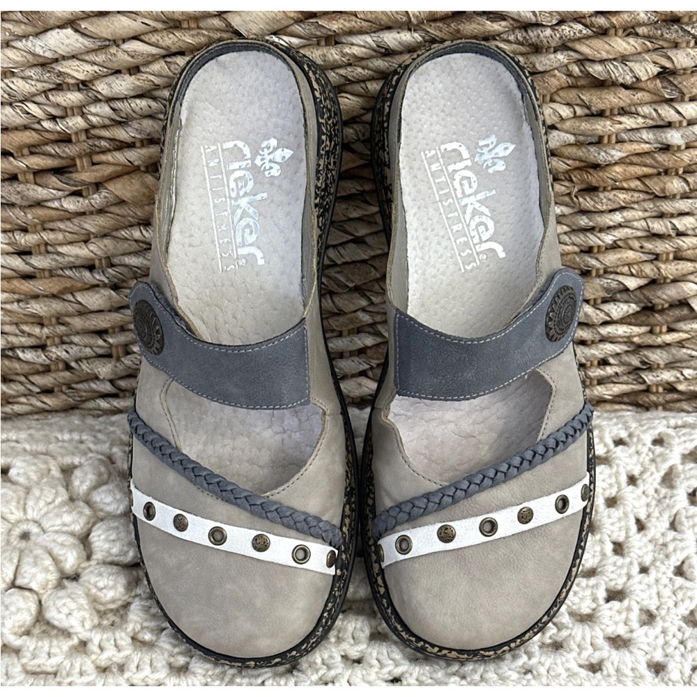 Rieker Women's Mary Jane Slides Sz 6 Two Tone Gray Brown Leather Comfort Mules - Picture 2 of 10